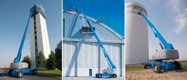 Genie S100 boom lift with over 100 foot reach at work on jobsites